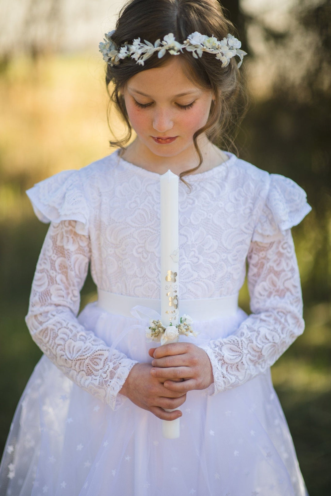 First Communion Candle Decoration: White Floral Wreath, Handmade – handmade floral hair accessory by magaela