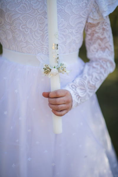 First Communion Candle Decoration: White Floral Wreath, Handmade – handmade floral hair accessory by magaela