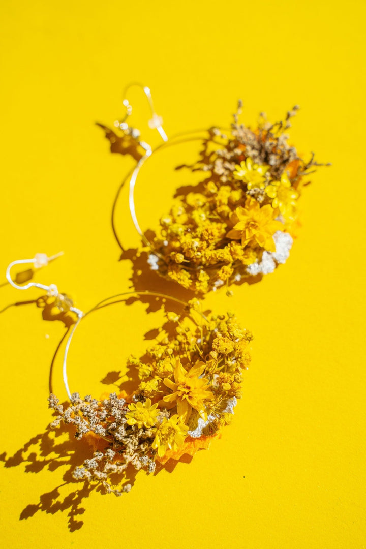 Yellow Flower Circle Earrings: Handmade Floral Dangle Earrings – handmade floral hair accessory by magaela