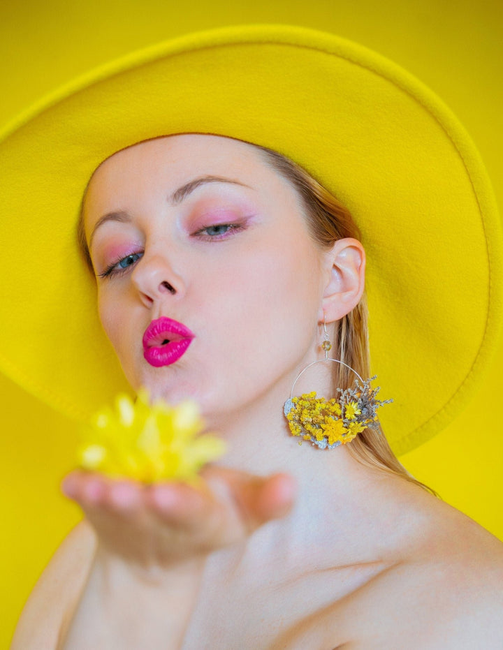 Yellow Flower Circle Earrings: Handmade Floral Dangle Earrings – handmade floral hair accessory by magaela