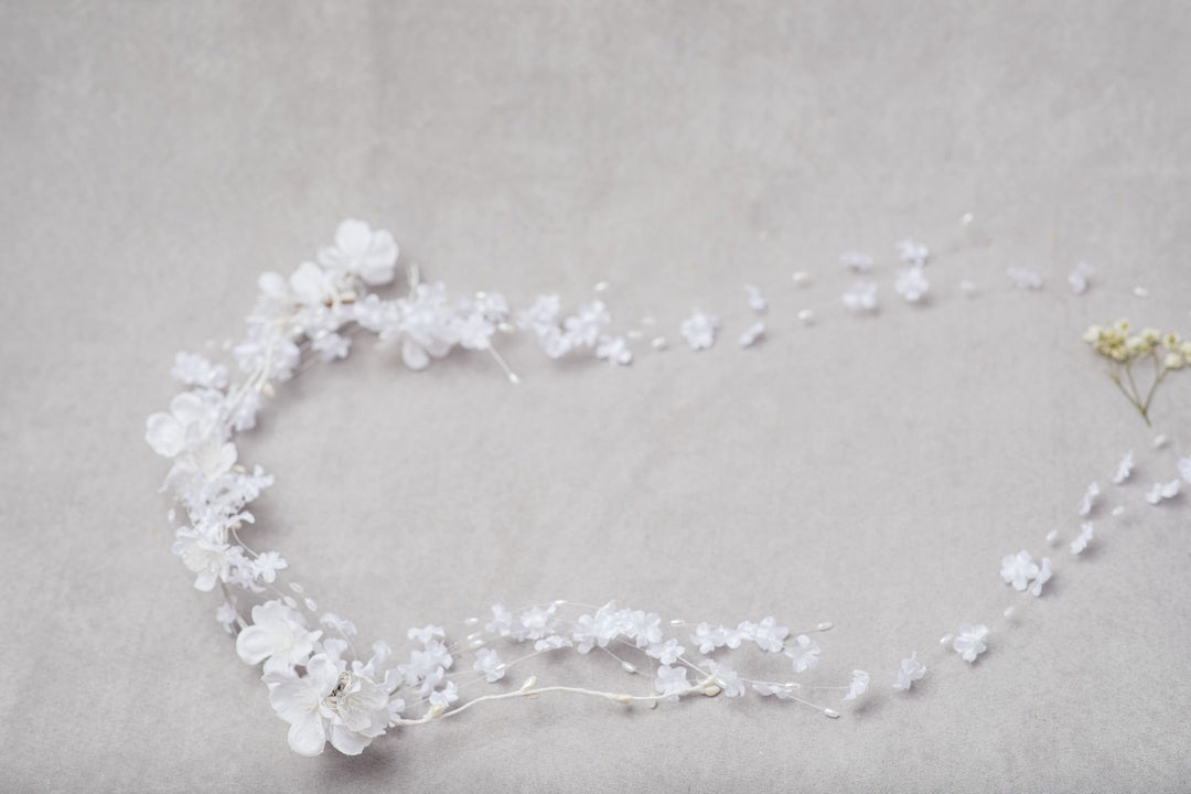 White Flower Bridal Hair Vine: Flexible Wedding Headpiece – handmade floral hair accessory by magaela