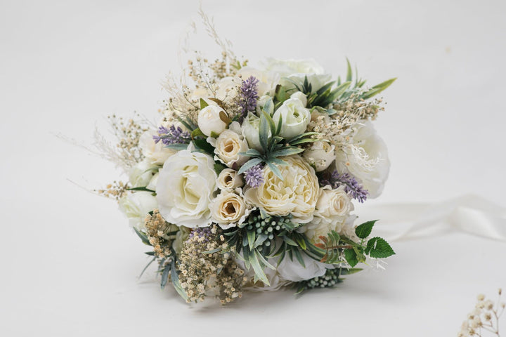 Ivory Wedding Bouquet with Boutonniere: Cream Floral Bridal Accessories – handmade floral hair accessory by magaela