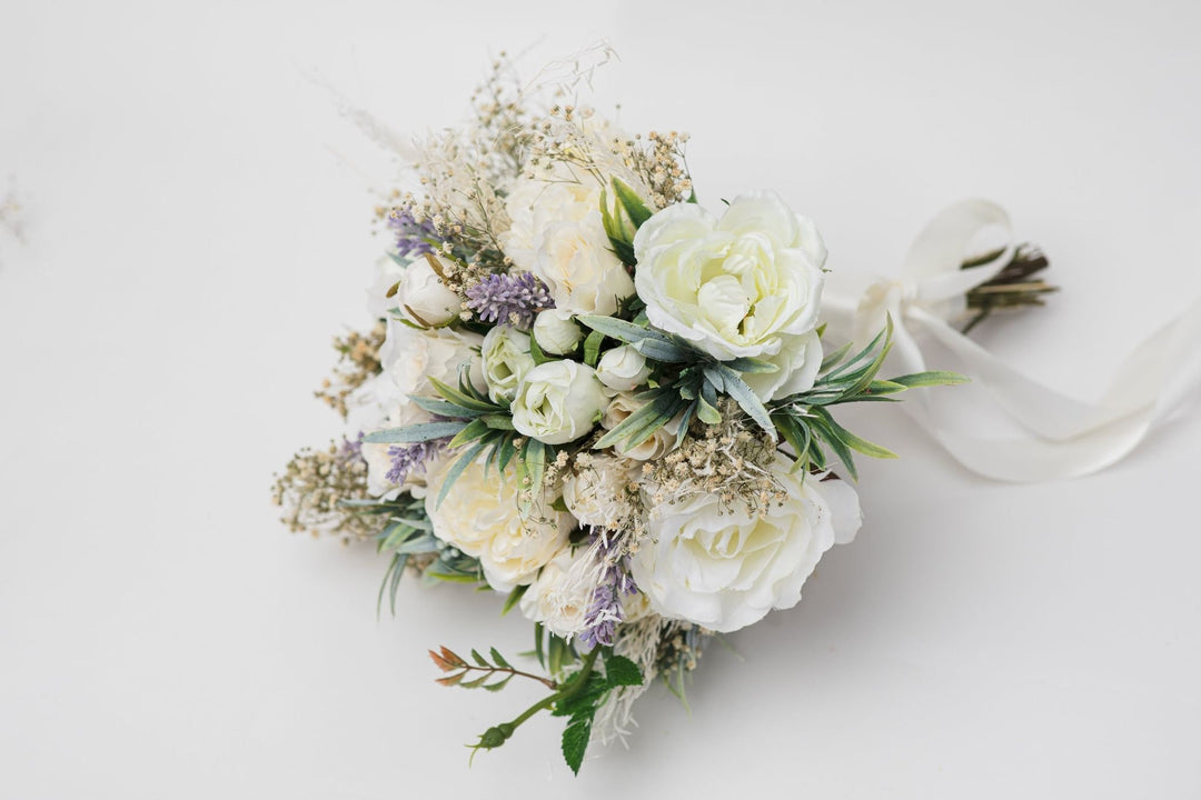 Ivory Wedding Bouquet with Boutonniere: Cream Floral Bridal Accessories – handmade floral hair accessory by magaela