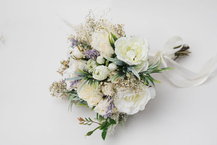 Ivory Wedding Bouquet with Boutonniere: Cream Floral Bridal Accessories – handmade floral hair accessory by magaela