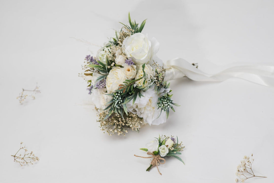 Ivory Wedding Bouquet with Boutonniere: Cream Floral Bridal Accessories – handmade floral hair accessory by magaela