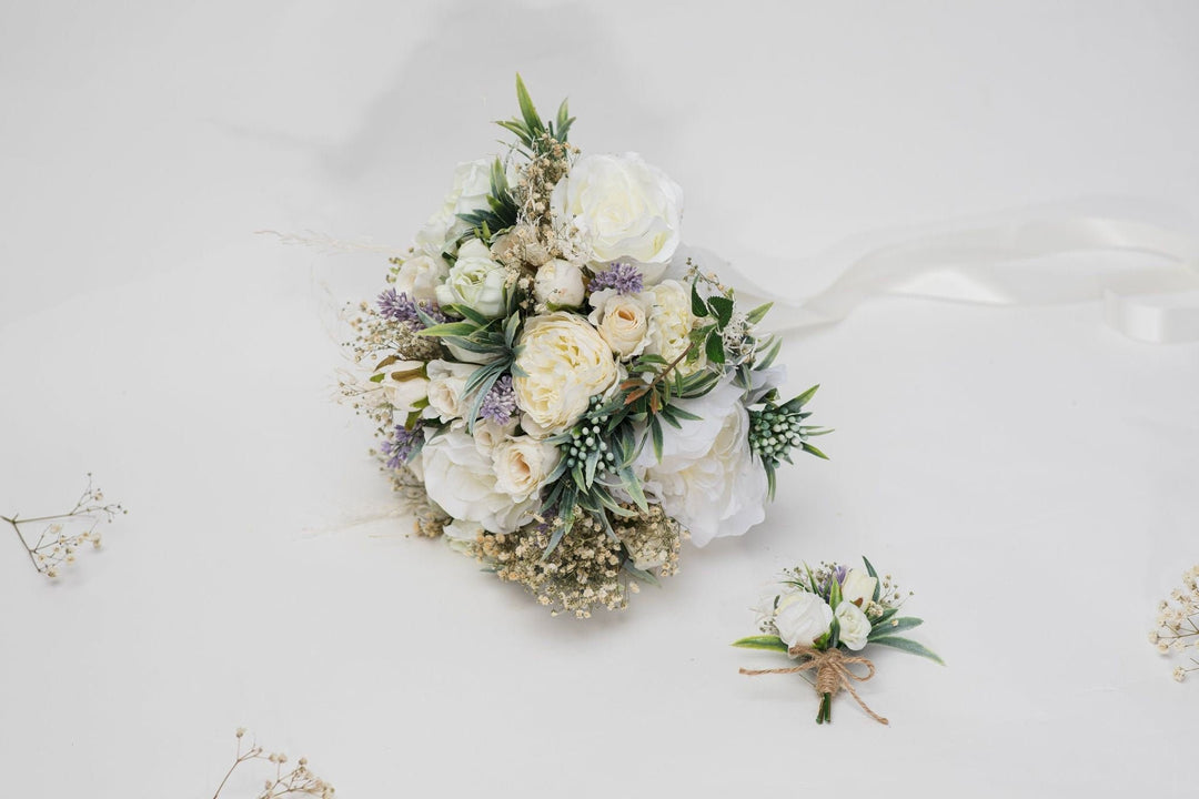 Ivory Wedding Bouquet with Boutonniere: Cream Floral Bridal Accessories – handmade floral hair accessory by magaela