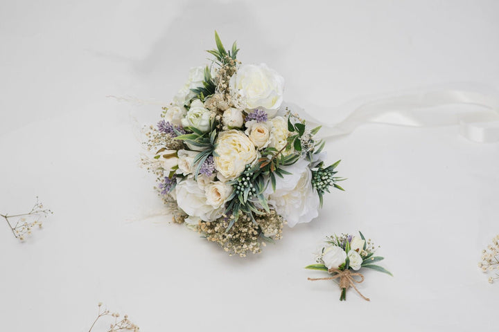 Ivory Wedding Bouquet with Boutonniere: Cream Floral Bridal Accessories – handmade floral hair accessory by magaela