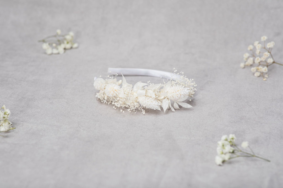 Ivory Flower Girl Headband: Preserved Floral Communion Crown – handmade floral hair accessory by magaela