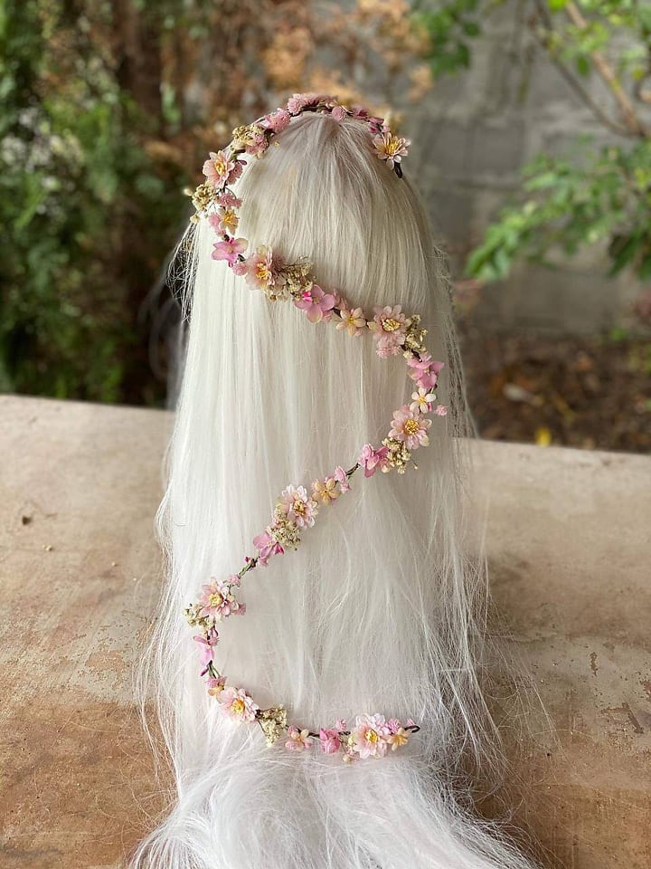 Customizable Pink Cherry Blossom Wedding Hair Garland – handmade floral hair accessory by magaela
