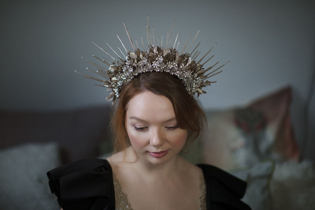 Rose Gold Spiked Bridal Halo Crown: Wedding Festival Headband – handmade floral hair accessory by magaela