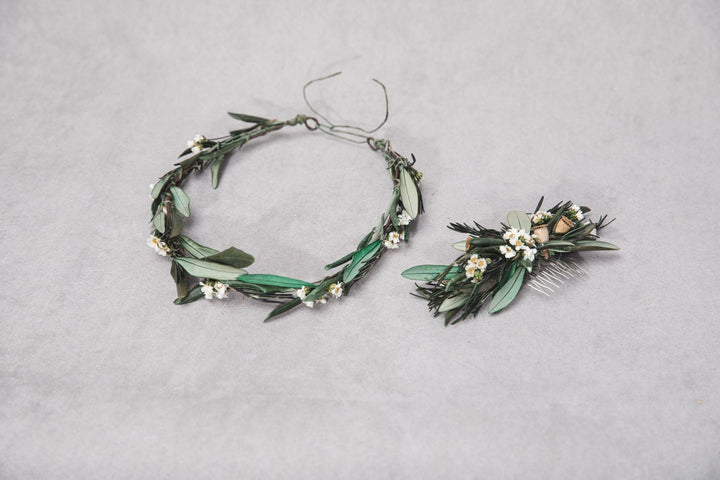 Boho Wedding Hair Comb and Wreath: Olive Leaf Greenery Set – handmade floral hair accessory by magaela