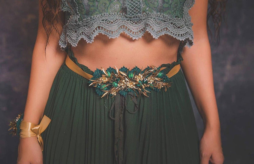 Emerald Green Bridal Belt: Golden Flower Wedding Sash, Handmade Jewelry – handmade floral hair accessory by magaela