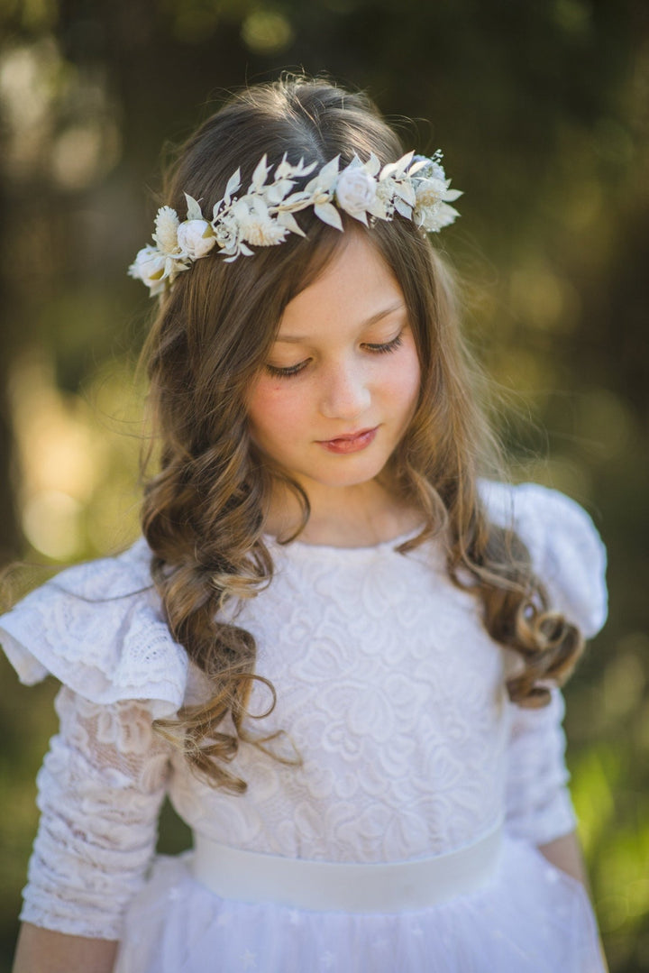 White Peony Communion Flower Wreath: Girls Hair Crown – handmade floral hair accessory by magaela
