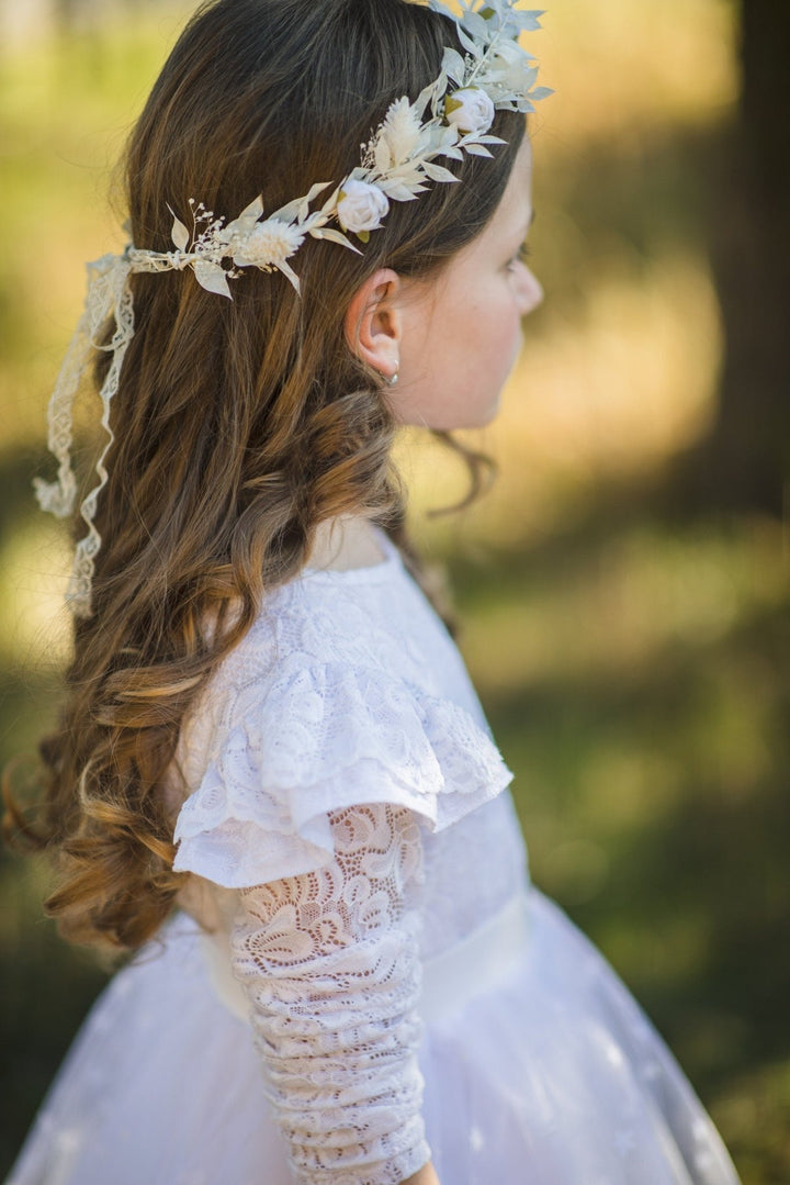 White Peony Communion Flower Wreath: Girls Hair Crown – handmade floral hair accessory by magaela