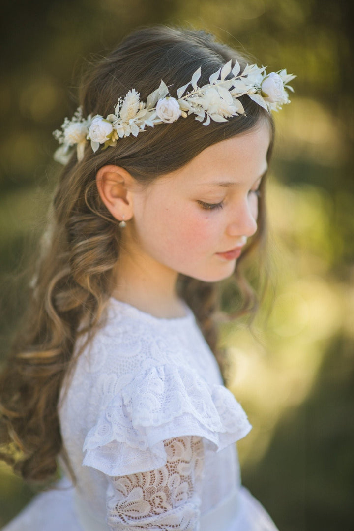 White Peony Communion Flower Wreath: Girls Hair Crown – handmade floral hair accessory by magaela