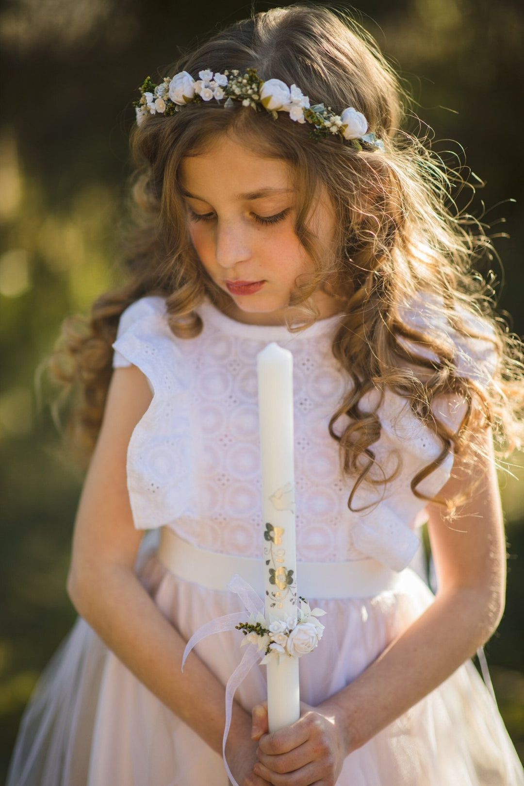 White Peony Communion Candle Decoration: Floral Wreath – handmade floral hair accessory by magaela