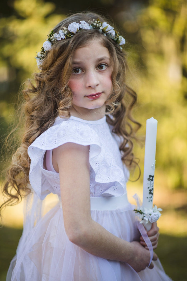 White Peony Communion Candle Decoration: Floral Wreath – handmade floral hair accessory by magaela
