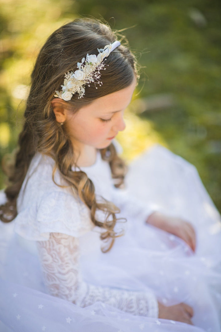 White Rose Flower Headband: First Communion Hair Accessory – handmade floral hair accessory by magaela