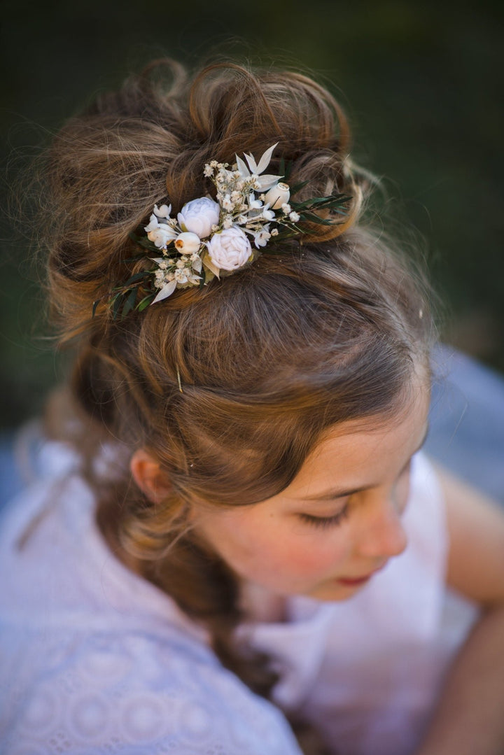 White Peony Flower Hair Clip: First Communion Wedding Headpiece – handmade floral hair accessory by magaela
