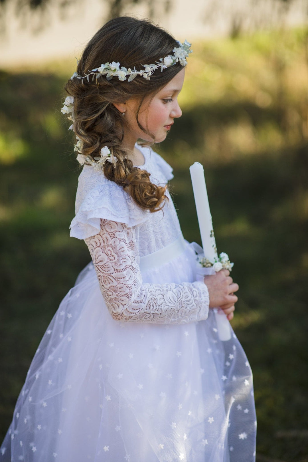 First Communion Candle Decoration: White Floral Wreath, Handmade – handmade floral hair accessory by magaela