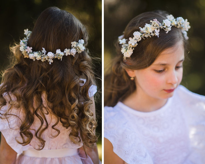 White Rose Flower Crown: First Communion Headpiece – handmade floral hair accessory by magaela