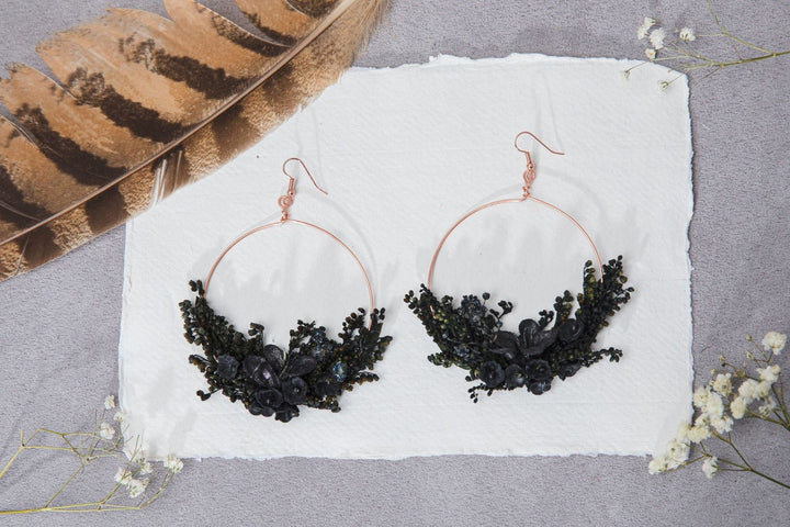 Black Flower Circle Earrings: Rose Gold Hoop Dangle Jewelry – handmade floral hair accessory by magaela