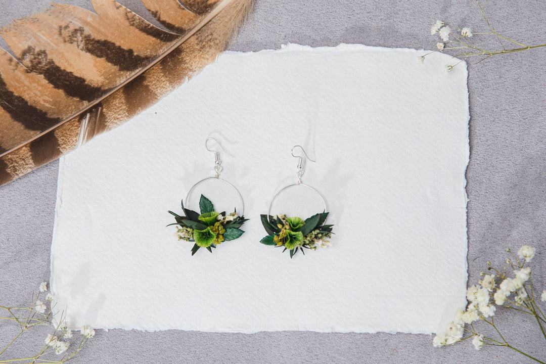 Greenery Circle Dangle Earrings: Preserved Baby's Breath, Surgical Steel – handmade floral hair accessory by magaela