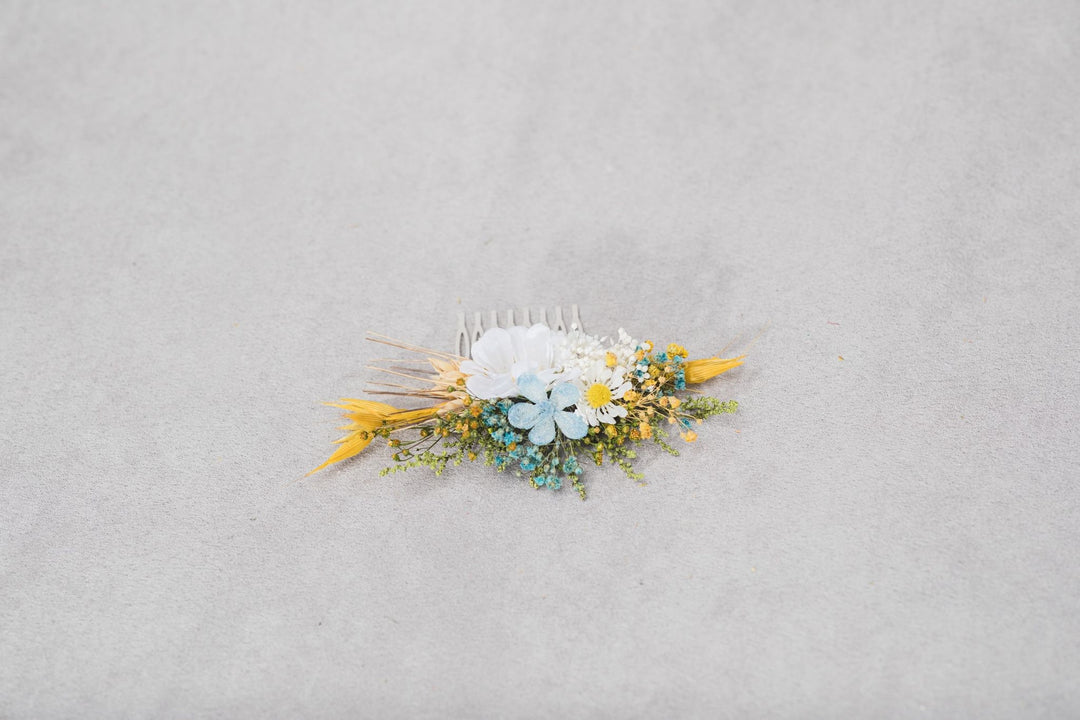 Daisy Flower Hair Comb: Yellow & Blue Wedding Headpiece – handmade floral hair accessory by magaela