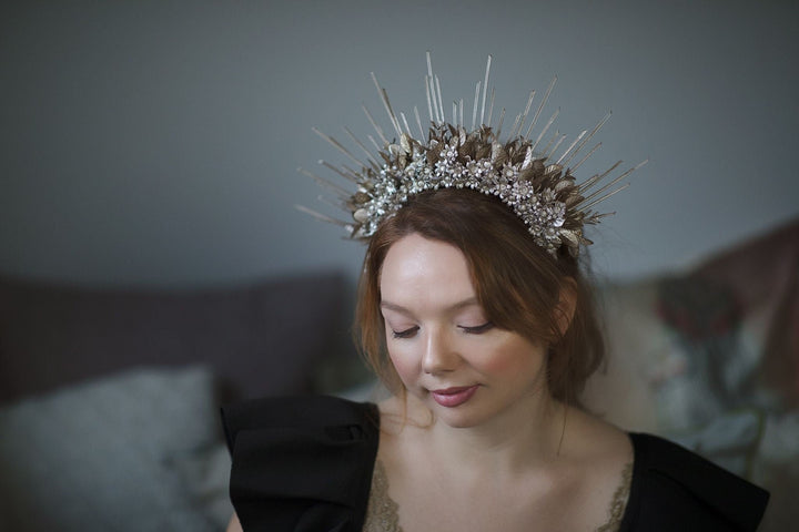 Rose Gold Spiked Bridal Halo Crown: Wedding Festival Headband – handmade floral hair accessory by magaela