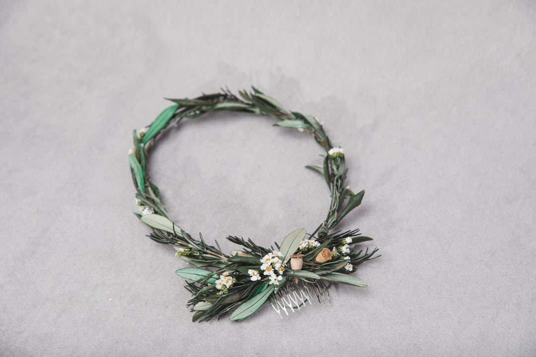 Boho Wedding Hair Comb and Wreath: Olive Leaf Greenery Set – handmade floral hair accessory by magaela
