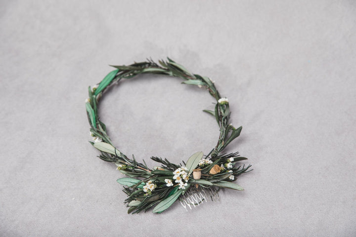 Boho Wedding Hair Comb and Wreath: Olive Leaf Greenery Set – handmade floral hair accessory by magaela