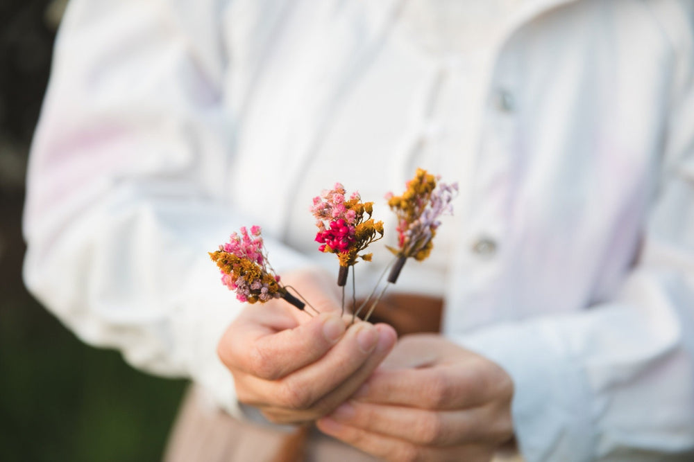 Pink Dried Flower Hair Pins: Fuchsia Bridal Headpiece – handmade floral hair accessory by magaela