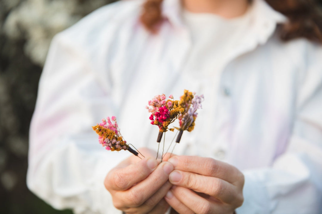 Pink Dried Flower Hair Pins: Fuchsia Bridal Headpiece – handmade floral hair accessory by magaela