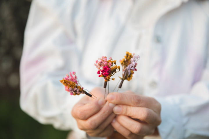 Pink Dried Flower Hair Pins: Fuchsia Bridal Headpiece – handmade floral hair accessory by magaela