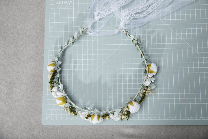 White Flower Girl Headpiece: Holy Communion Hair Wreath with Veil – handmade floral hair accessory by magaela