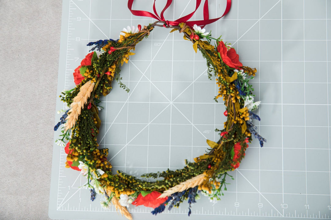 Folk Flower Crown: Poppy & Wheat Hair Wreath – handmade floral hair accessory by magaela