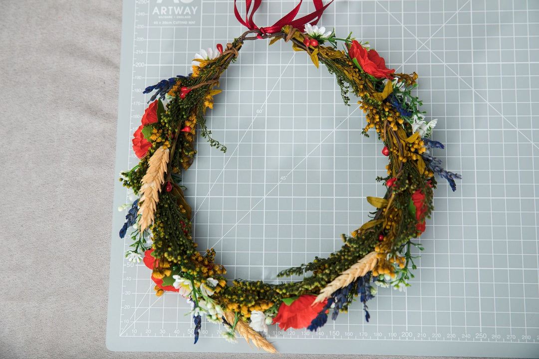 Folk Flower Crown: Poppy & Wheat Hair Wreath – handmade floral hair accessory by magaela