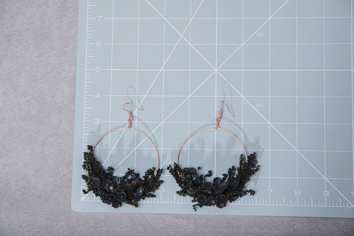 Black Flower Circle Earrings: Rose Gold Hoop Dangle Jewelry – handmade floral hair accessory by magaela