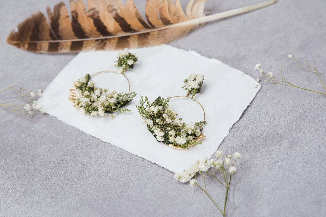 Baby's Breath Flower Circle Earrings: Bridal Wedding Hoops – handmade floral hair accessory by magaela