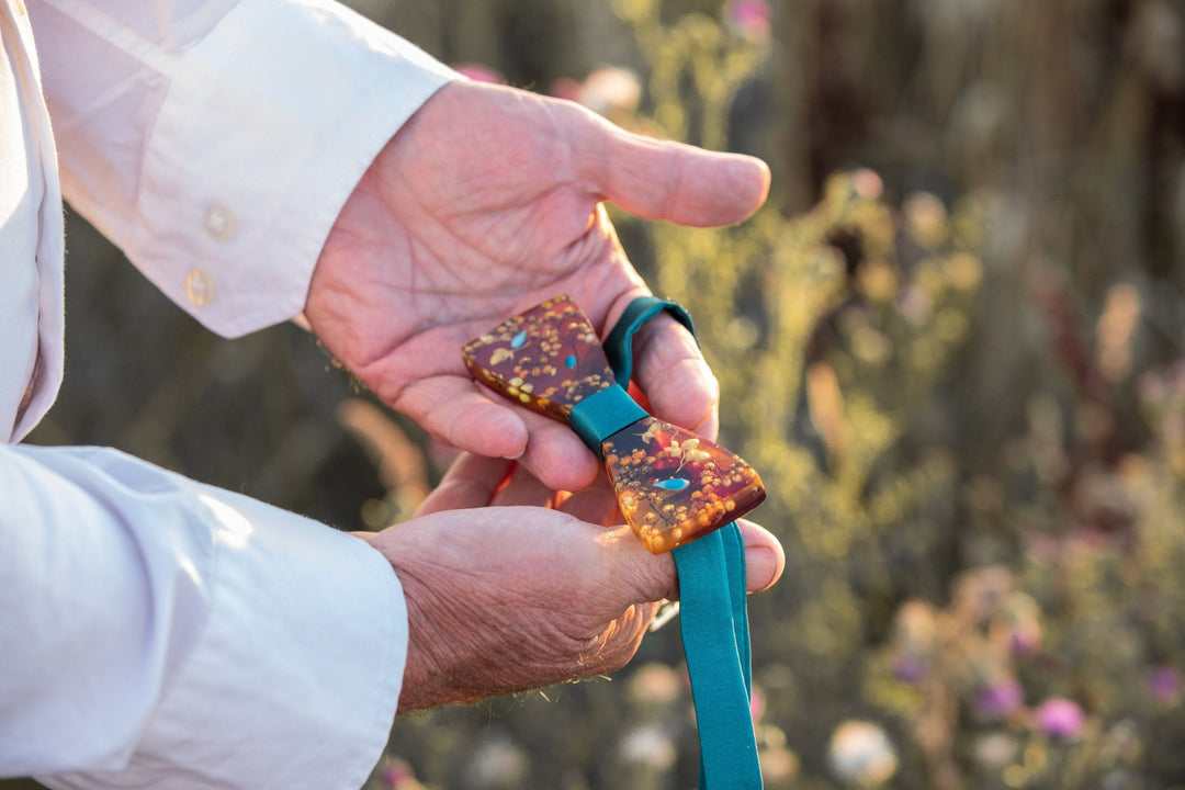 Resin Wood Bow Tie: Emerald Floral Wedding Necktie – handmade floral hair accessory by magaela