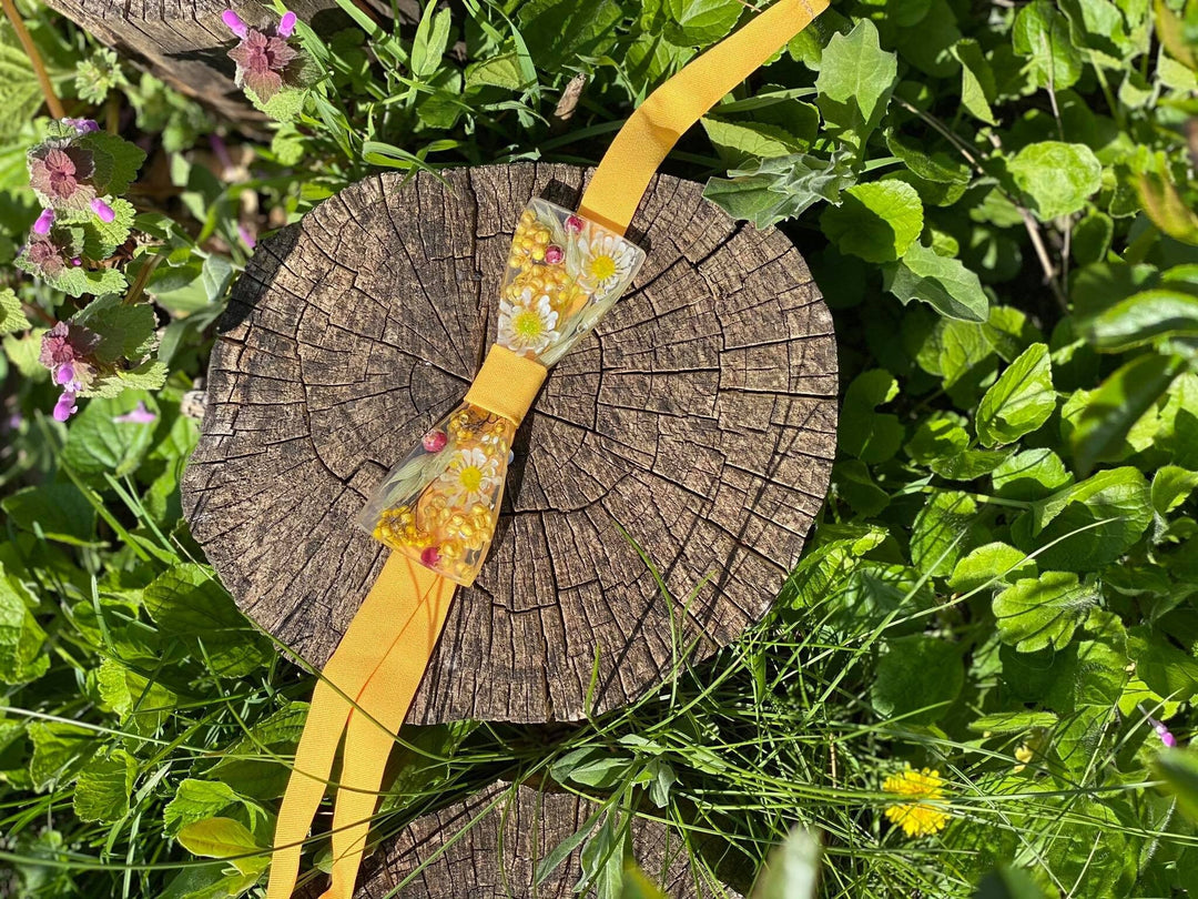 Yellow Resin Bow Tie: Flower Meadow Groom Accessory – handmade floral hair accessory by magaela