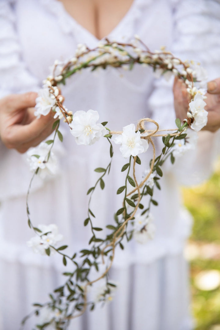 White Flower Bridal Hair Wreath: Romantic Vine Crown – handmade floral hair accessory by magaela