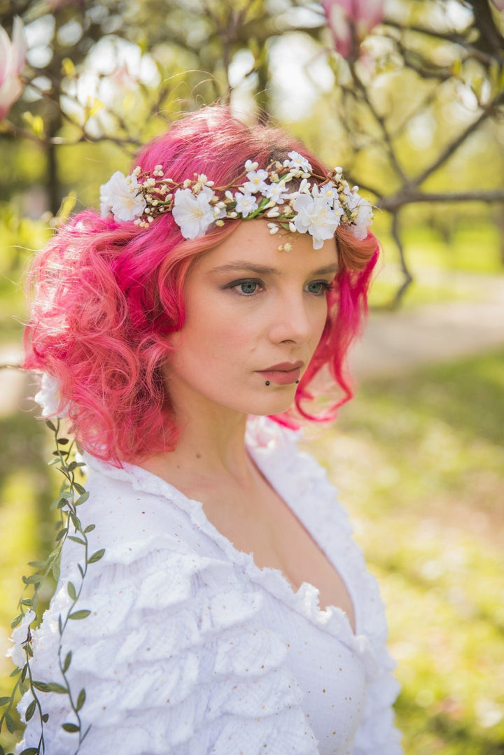 White Flower Bridal Hair Wreath: Romantic Vine Crown – handmade floral hair accessory by magaela
