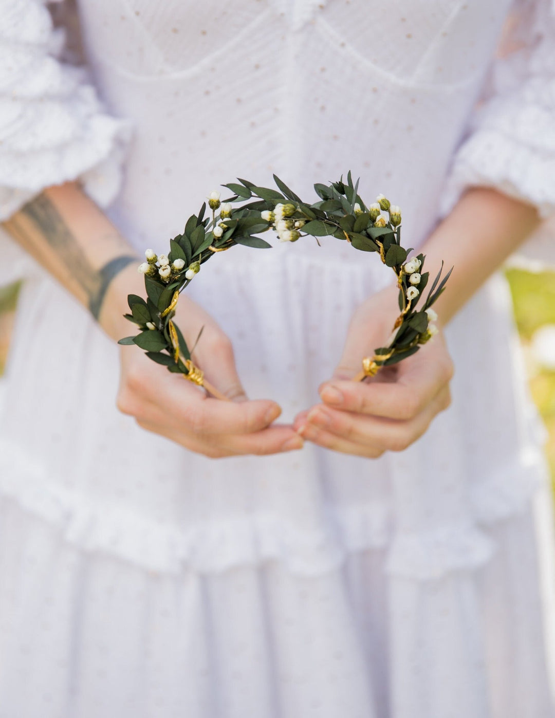Eucalyptus Bridal Headband: Green & White Flower Hair Jewelry – handmade floral hair accessory by magaela