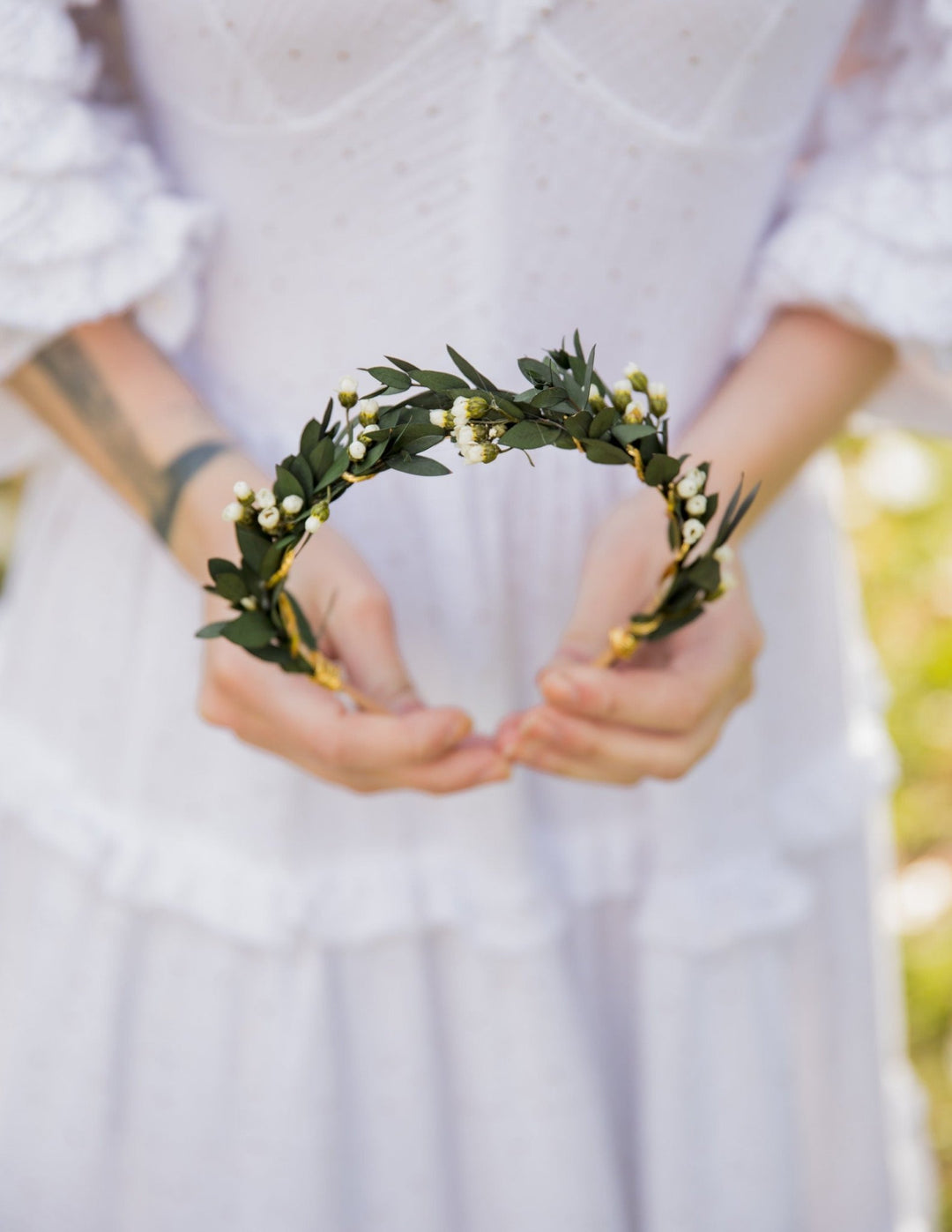 Eucalyptus Bridal Headband: Green & White Flower Hair Jewelry – handmade floral hair accessory by magaela