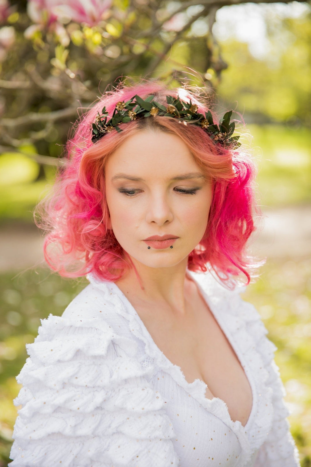 Eucalyptus Wedding Headband: Preserved Greenery, Gold Accents – handmade floral hair accessory by magaela