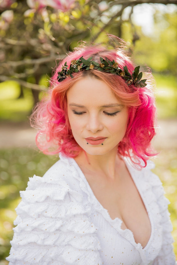 Eucalyptus Wedding Headband: Preserved Greenery, Gold Accents – handmade floral hair accessory by magaela