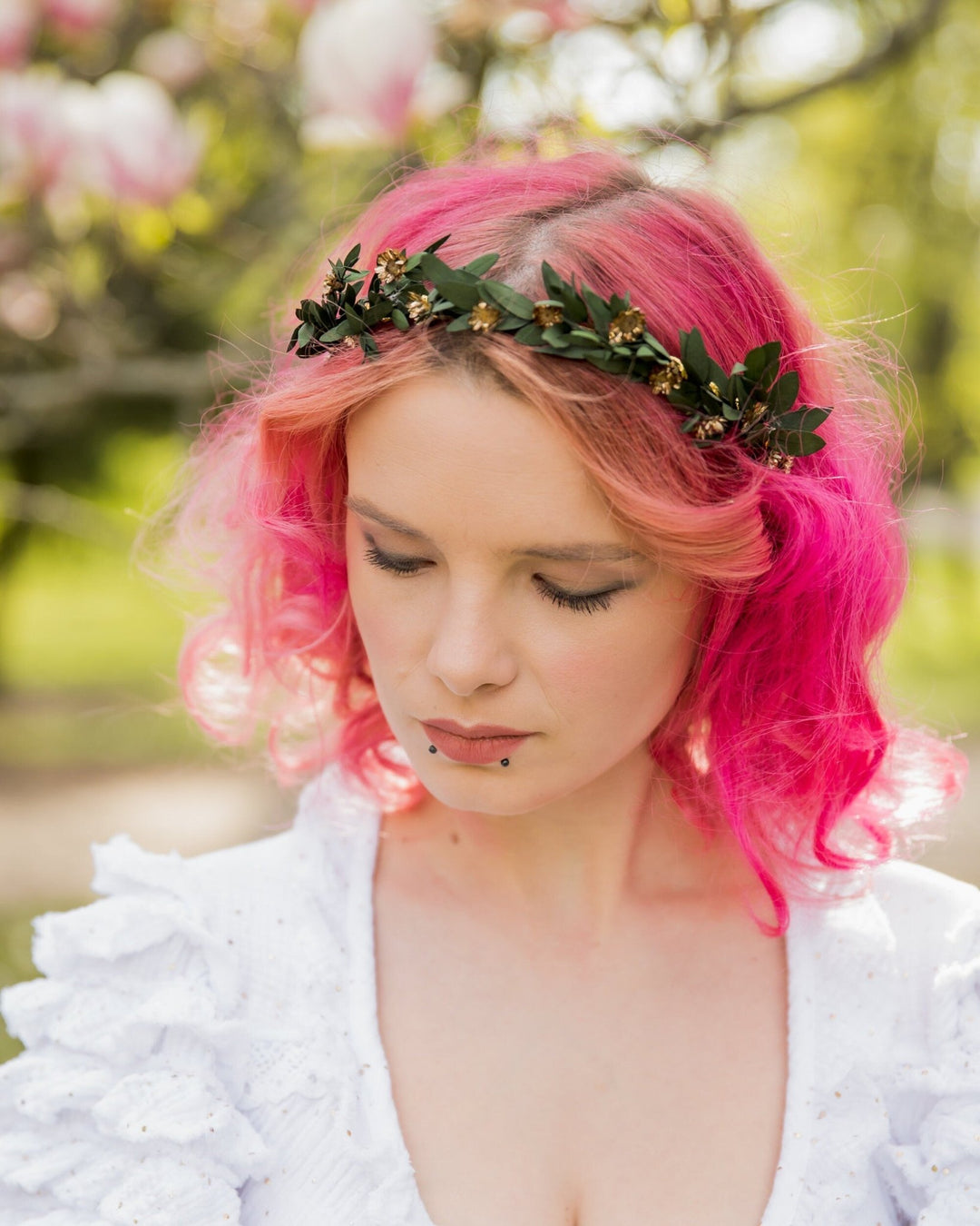 Eucalyptus Wedding Headband: Preserved Greenery, Gold Accents – handmade floral hair accessory by magaela