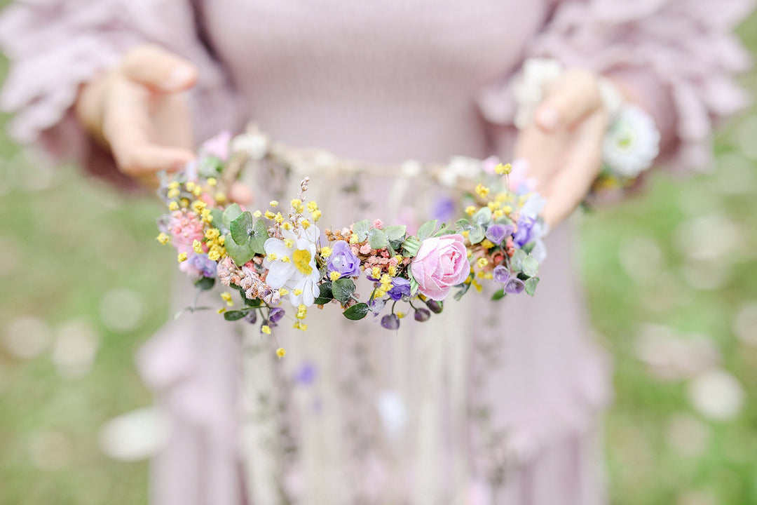 Boho Flower Crown with Veil: Pastel Wildflower Bridal Headpiece – handmade floral hair accessory by magaela
