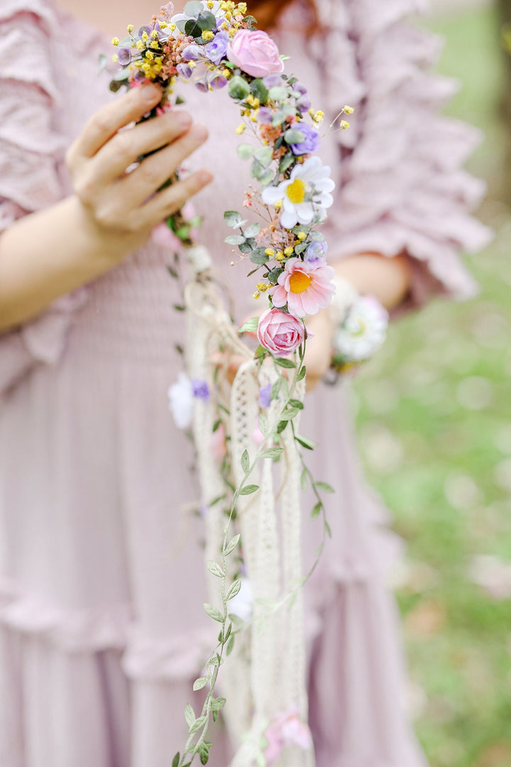 Boho Flower Crown with Veil: Pastel Wildflower Bridal Headpiece – handmade floral hair accessory by magaela